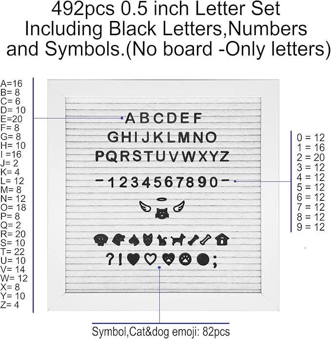 Letter Set Only - Pre-cut 0.5 Inch(1/2”) Tall Black Letters 492pcs with Canvas Bag(No Board Included)
