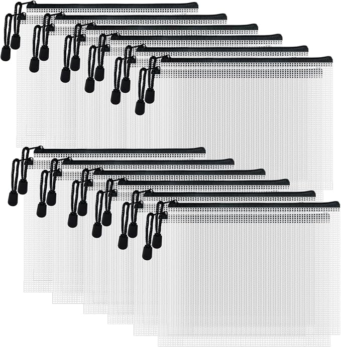 D-KINGCHY 24Pcs Zipper Storage Bags, Plastic Mesh Zippered Pouch for Organization, Waterproof Versatile Bags for Office Supplies School Travel (A5 Size 9.2''x6.7'', Black Zipper)