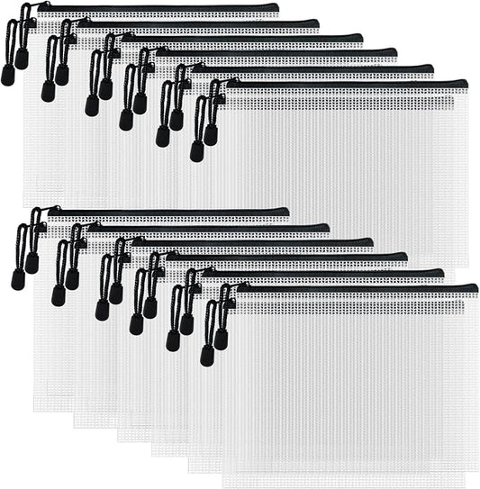 D-KINGCHY 24Pcs Zipper Storage Bags, Plastic Mesh Zippered Pouch for Organization, Waterproof Versatile Bags for Office Supplies School Travel (A5 Size 9.2''x6.7'', Black Zipper)