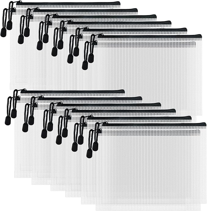 D-KINGCHY 24Pcs Zipper Storage Bags, Plastic Mesh Zippered Pouch for Organization, Waterproof Versatile Bags for Office Supplies School Travel (A6 Size 6.3''x4.7'', Black Zipper)