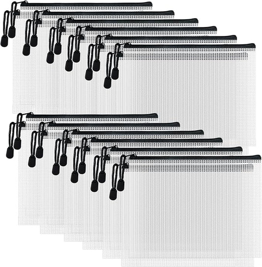 D-KINGCHY 24Pcs Zipper Storage Bags, Plastic Mesh Zippered Pouch for Organization, Waterproof Versatile Bags for Office Supplies School Travel (A6 Size 6.3''x4.7'', Black Zipper)