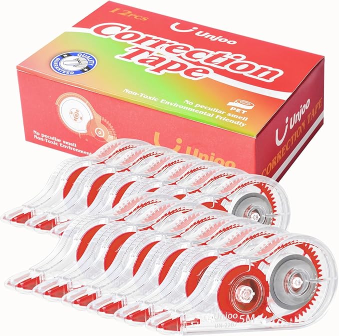 Unjoo White Correction Tape, Easy To Use Applicator for Instant Corrections Wrong Writing At Any Time, For school, Office (12pack, 5M/196" x 0.2", Red)
