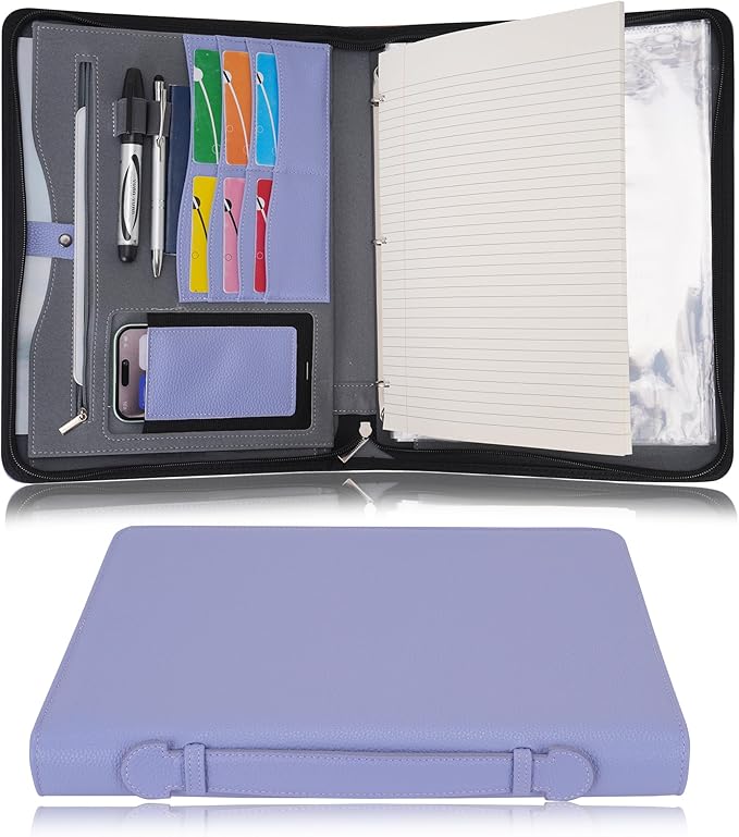 Wonderpool Travel Zippered Portfolio 3 Ring Binder A4 Padfolio Document Case with Removable Clipboard Legal Pad Holder, Business Office School Organizer for Men and Women (Purple)