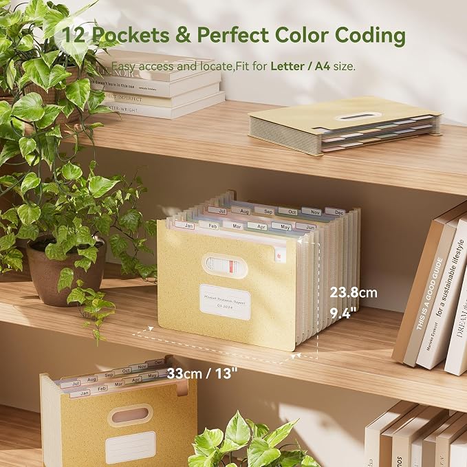EcoStash 12 Pockets Accordion File Organizer, Wheat Straw File Folders, Upright & Open Top, Monthly Bill Receipt Organizer, 100% BPA Free, Return to Nature, Letter/A4 Size - Wheat Yellow