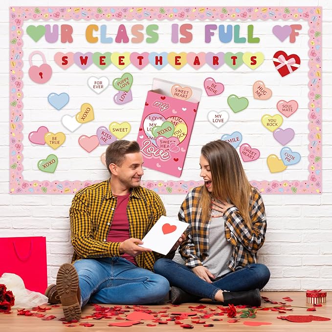 Gueevin 100 Pcs Valentine's Day Bulletin Board Set 3D Sweetheart Box with Conversation Heart Stickers Decorations Our Class Full of Sweethearts Cutouts for Valentine's Office School Classroom Decor