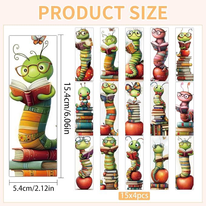 60PCS Cute Bookworm Bookmarks Bulk, Unique Book Marks for Reading Women, Cardstock Book Marker Clips Set for Teachers Bookish Gifts Stationery Office Supplies