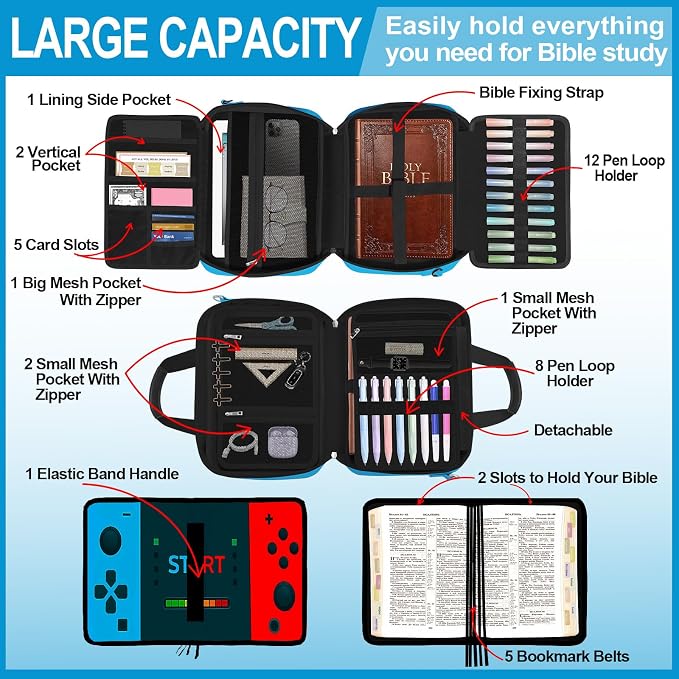 Gamer Large Bible Cover Case for Boys, Book Carrying Case with Strap Handle Zipper Pocket,Bible Protective Church Bag,Bible Study Supplies Journaling Kit,Bible Organizer Holder Bag,Christian Gift Blue