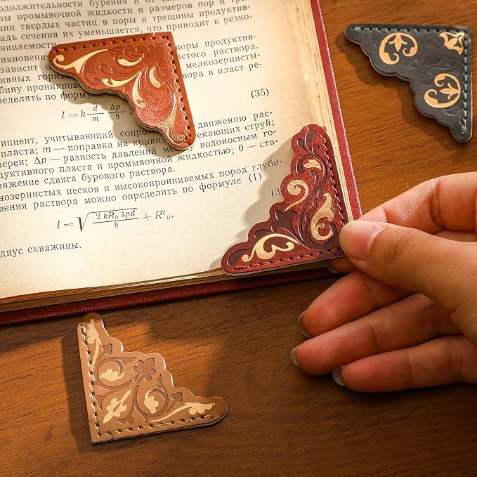 4 PCS Vintage Leather Bookmarks, Elegant Gold Stamped Corner Bookmark Retro Pattern Book Mark Book Accessories Gifts for Book Lovers Women Girls