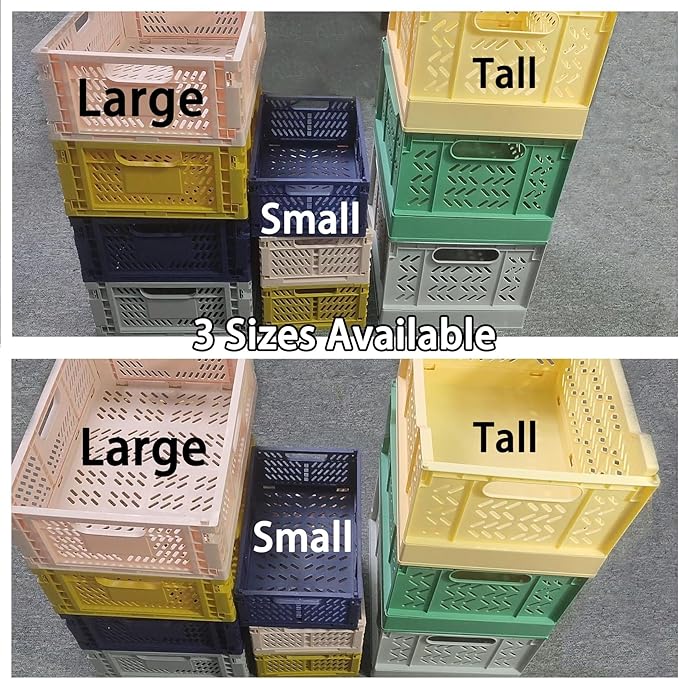 Domiella 4-Pack Crates for Storage, 16x12x6 Stackable Crate Plastic, Folding Bins for Office Home Kitchen Bedroom Bathroom, Blue