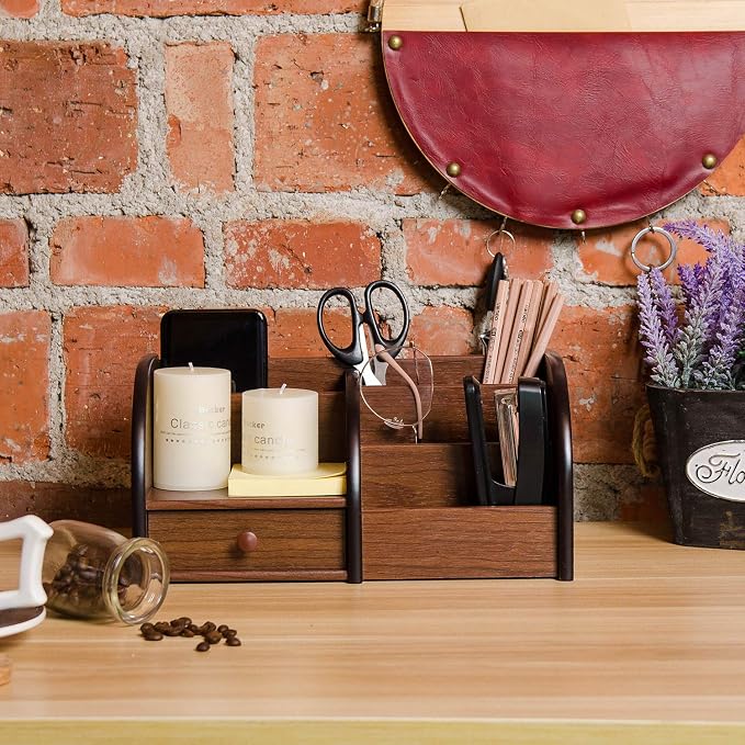 Liry Products Cherry Brown Wooden Desktop Organizer Drawer Multiple Compartments Stepped Shelf Racks 5 Slots Tabletop Storage Cabinet Office Supplies Caddy Stationery Holder Accessory Sorter Home