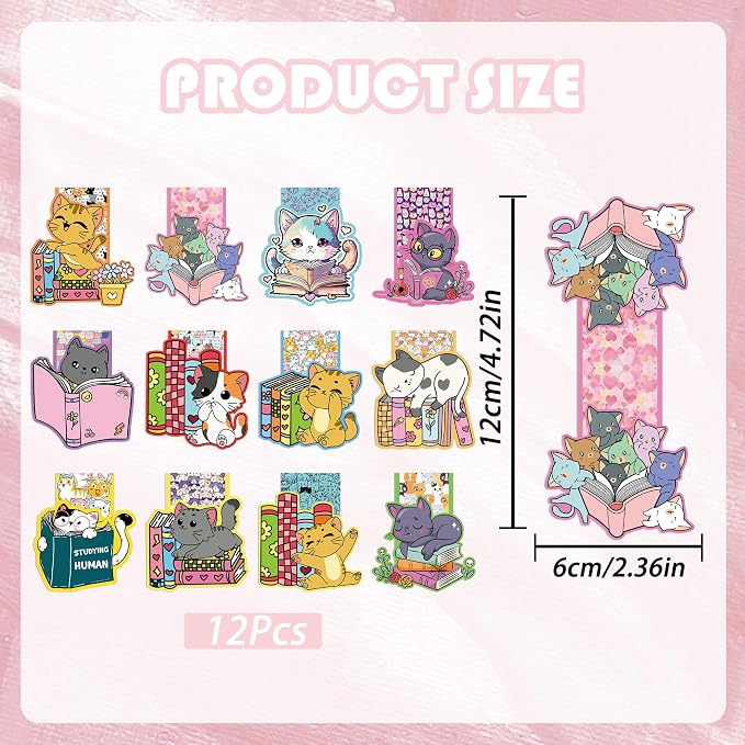 Cat Magnetic Bookmarks, 12 Pcs Cute Kawaii Cat Book Markers Page Clips, Office Desk Accessories for Women Book Lovers