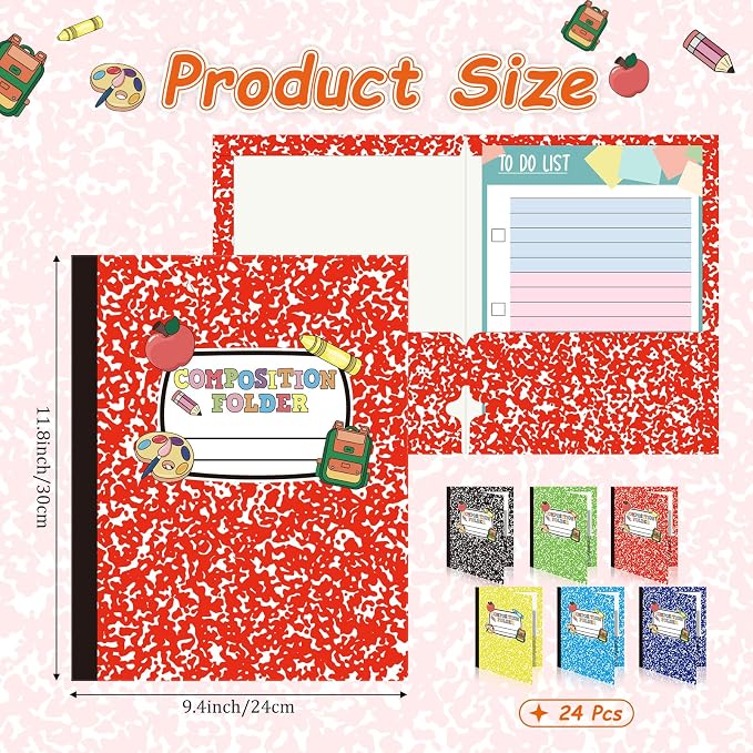 Cinrobiye 24 Pack Inspirational Composition 2 Pocket Folders Decorative Pocket Folder Motivational Letter Size Kids Folders File with Pockets for Office Home Homework Documents