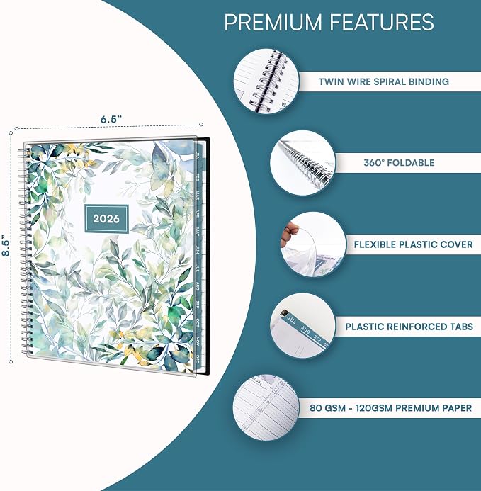 Ensight 2026 Appointment Book and Planner 6.5" x 8.5" Large Hourly Weekly Daily Schedule Book with Tabs, 30 Minute Time Slots, Floral Calendar Organizer Jan 2026–Dec 2026 Appointment Planner - Floral