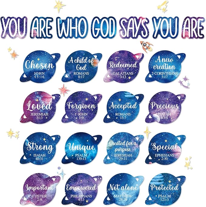 Christian Bulletin Board Decorations Inspirational Jesus Bulletin Board Sets Outer Space God Says You Are Religious Classroom Wall Decor VBS Motivational Cutouts for Sunday School Home Church Supplies