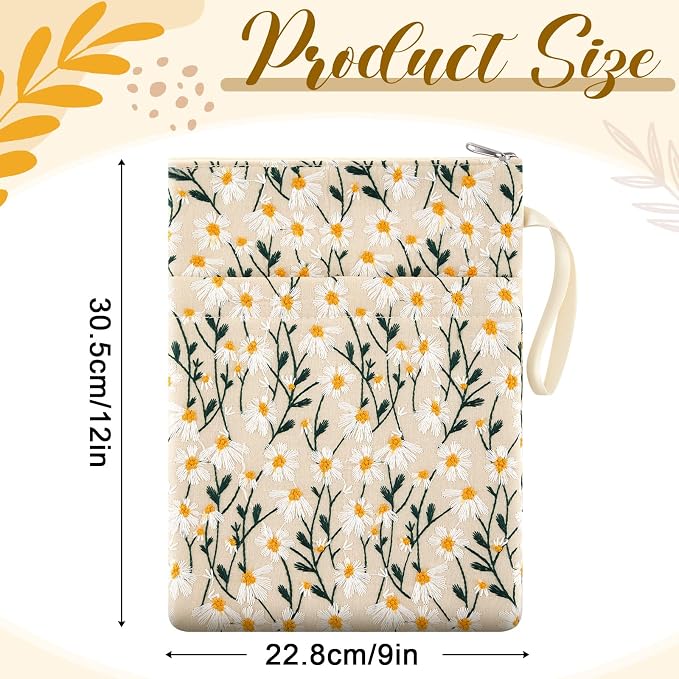 2 Pcs 12''x9'' Embroidered Daisy Book Sleeve with Handle Zipper for Book Lovers Washable Fabric Flower Sleeve Pouch for Paperbacks Hardcover, Christmas Gift for Reader Teacher Women Girls