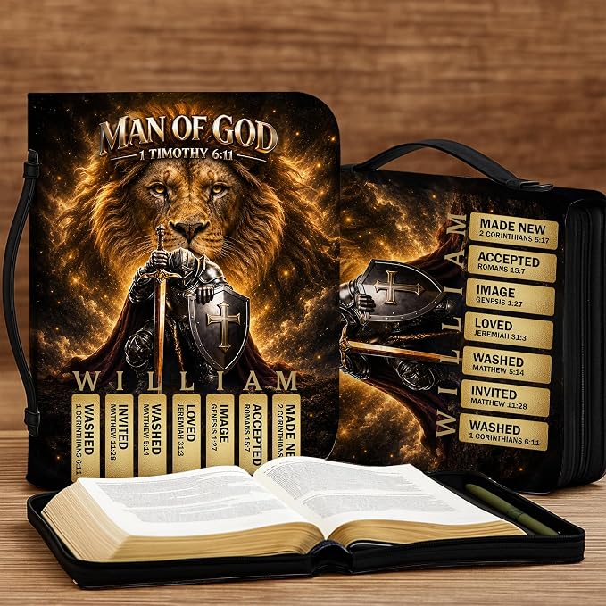 Personalized Man of God Bible Cover for Men, Christian PU Leather Bible Case with Handle Zipper, God Says I Am Warrior Scripture Bible Holder, Religious Gift for Men (Man of God Bible Verse)
