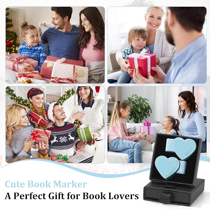 2Pcs Magnetic Leather Heart Bookmarks with Pen Holder, Cute Book Markers Clip with Gift Box, Reading Accessories for Book Lovers Women Teachers Students, Light Blue