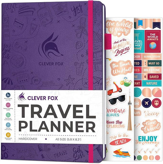 Clever Fox Travel Journal – Vacation & Trip Organizer with Budget Plan, Packing List, Travelling Expense Tracker, A5 (Purple)