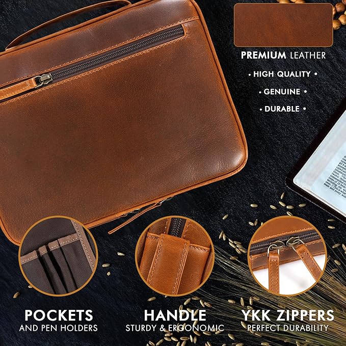 ELIZO Leather Bible Cover for Men Bible Case Women Holder Carrying Organizer Wrap Sleeve Protector Christian Religious Gift Cross Bookmark – Study Cognac