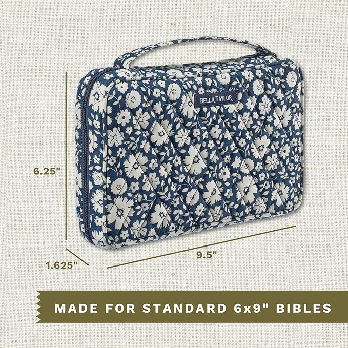 Bella Taylor Small Bible Cover for Women - Quilted Cotton Bible Case for 6 x 9 inch Books - Bicolor Floral Navy