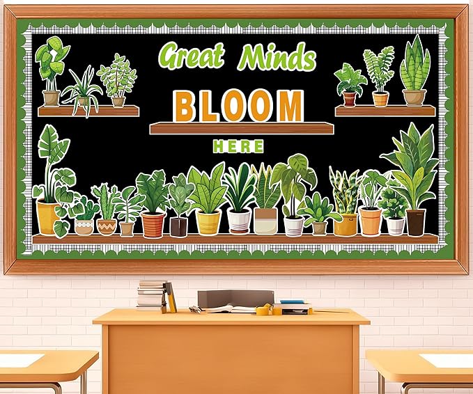 Greenery Bulletin Board Set – Potted Plant Motivational Cutouts with Great Minds Bloom Here – Classroom Decor for March, April, Library, Home, Window Walls & Teacher Party Supplies