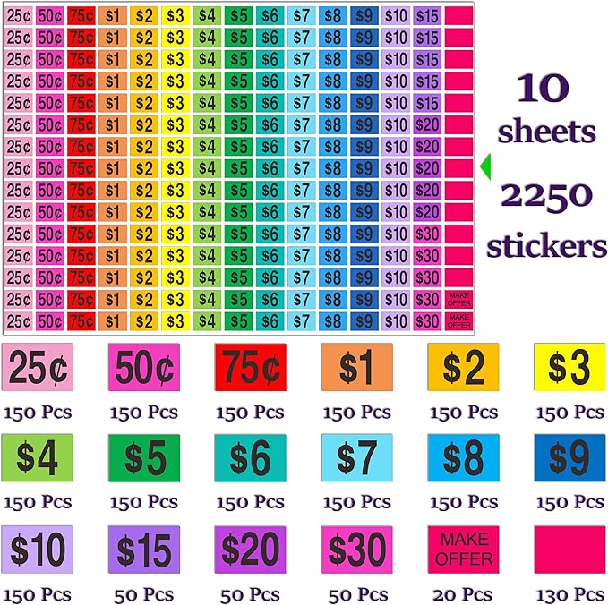 YSHIHE Garage Sale Price Stickers, 2250 Pcs Preprinted Rectangle Removable Labels, 1/2" x 3/4", for Yard Sale and Flea Market