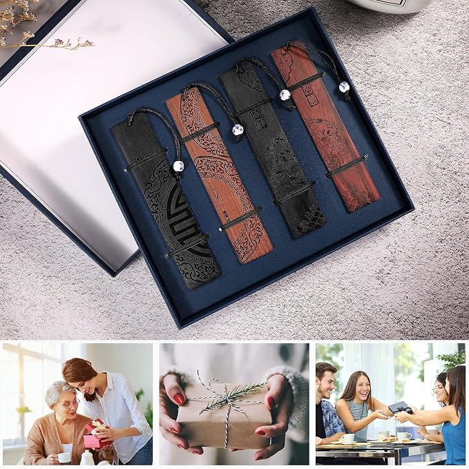Outus 4 Pieces Wooden Bookmarks for Men Women Employee Father's Day Appreciation Gifts for Men Back to School Gifts Vintage Handmade Natural Carving for Book Lovers Birthday(Traditional Style)