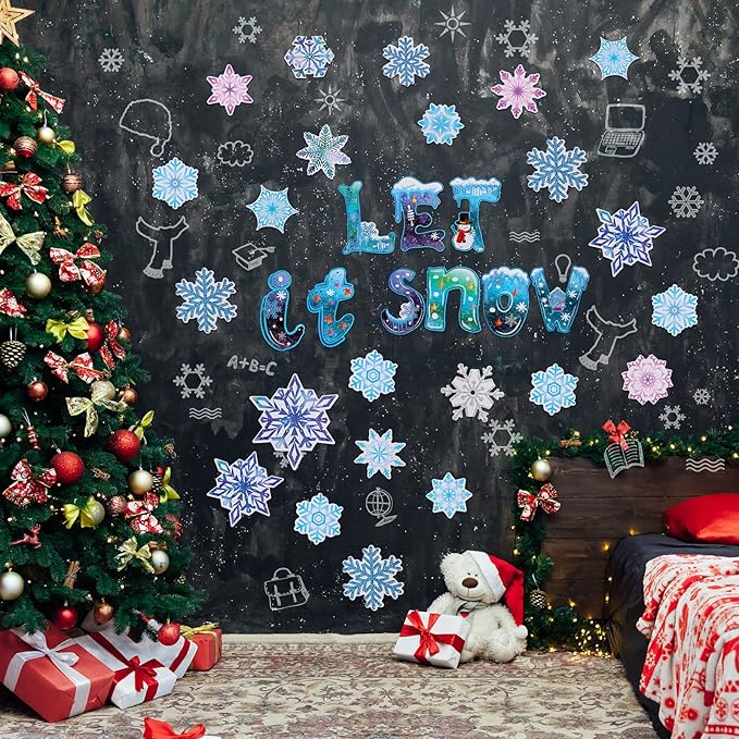 68 Pieces Winter Classroom Bulletin Border Decoration Christmas Snowflake Cutouts Let It Snow Cutouts Winter Classroom Decoration Holiday Bulletin Border for Christmas Classroom Home Decor (Snowflake)