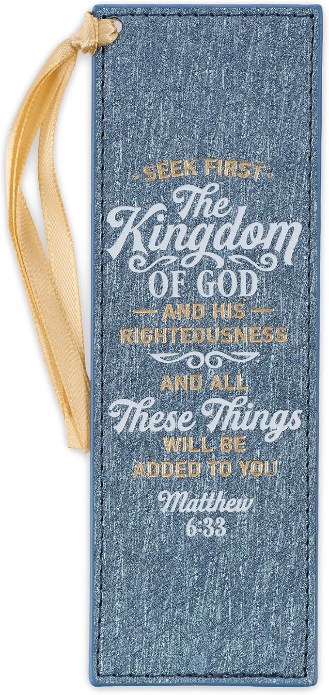Christian Art Gifts Sparkly Metallic Blue Faux Leather Bookmark for Women: Seek First the Kingdom of God - Matthew 6:33 Inspirational Scripture Bible Verse for Reading Books w/Golden Satin Ribbon