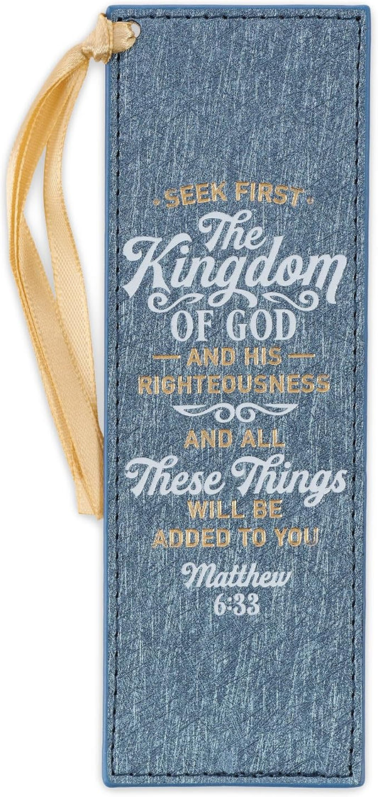 Christian Art Gifts Sparkly Metallic Blue Faux Leather Bookmark for Women: Seek First the Kingdom of God - Matthew 6:33 Inspirational Scripture Bible Verse for Reading Books w/Golden Satin Ribbon