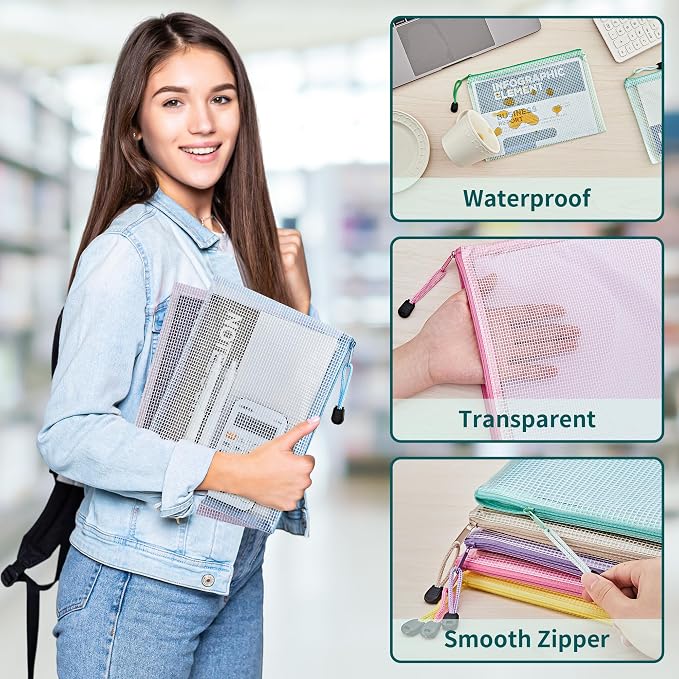 JARLINK 16pcs Mesh Zipper Pouch for Organizing, A5 Size Waterproof Zipper Storage Bags, 8 Colors Plastic file Pouch, Multipurpose for Travel, School, Board Game, Puzzles, Office, and Home Organize