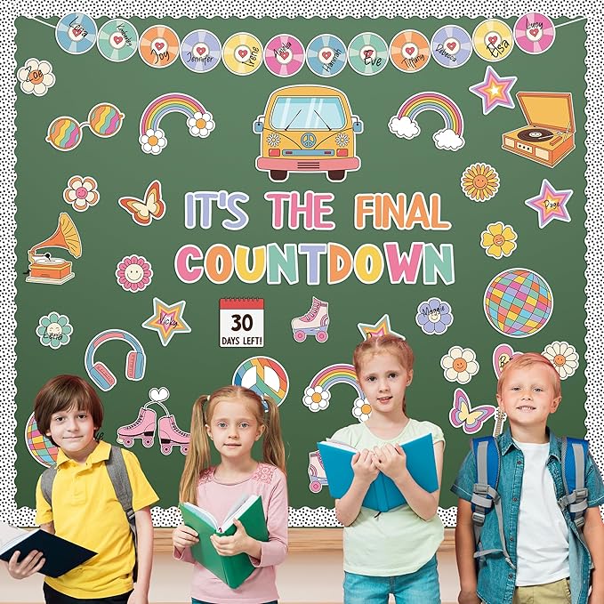 119Pcs Back to School Countdown Calendar Bulletin Board Set, Retro Groovy Happy Face Cutouts Classroom Decor Border Trims Welcome Back to School Chalkboard Supplies Wall Door Decor