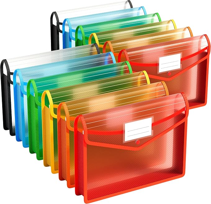 ABC life 12 Pack Plastic Expanding File Folder, Folders for Documents with Snap Closure, Colorful File Folder Organizer Holder, Transparent Accordion File Pouch,Large Capacity, Fit Letter/A4 Size