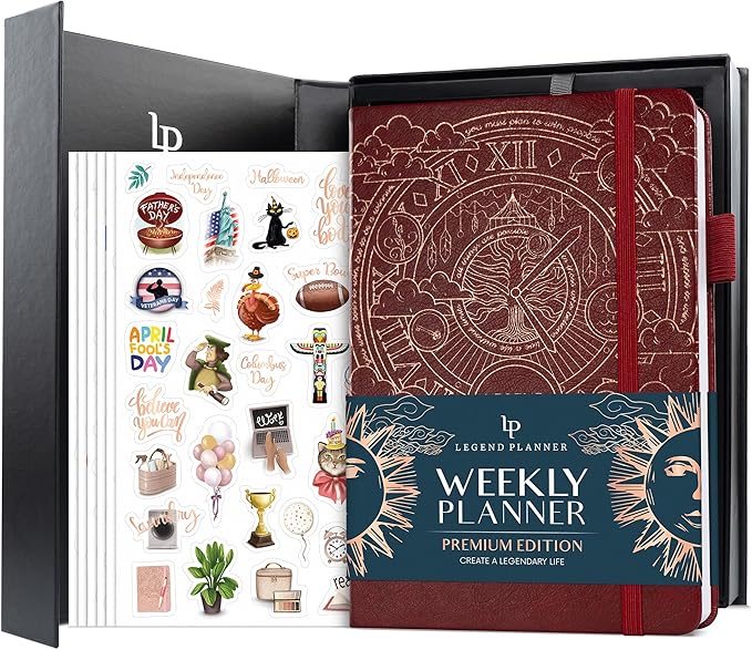 Legend Weekly Planner Premium – Undated Weekly, Monthly & Budget Planner – Life Organizer for Time Management & Productivity, A5 (Wine Red)