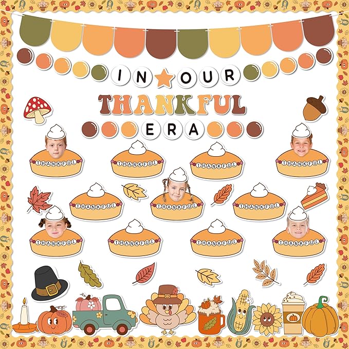152Pcs Thanksgiving Bulletin Board Decoration Set, In Our Thankful Era Pumpkin Pie Cutouts Kids DIY Photo Craft Fall Border Trims Thanksgiving Classroom Chalkboard Supplies Wall Decor