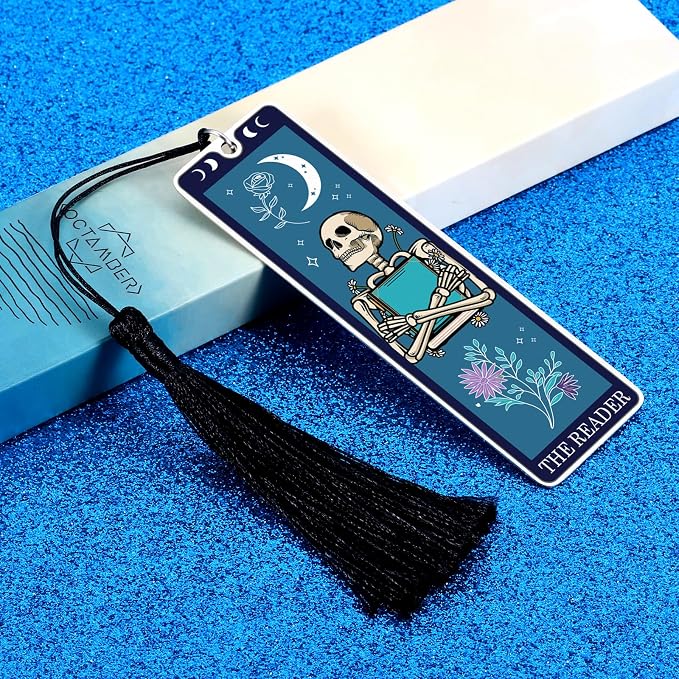 Halloween Spooky Bookmarks Basket Stuffers for Women Unique Skull Tarot Card Bookmark for Book Lovers Halloween Boo Basket Stuffers for Him Tarot Metal Bookmark with Tassels, Funny Christmas Bookmarks
