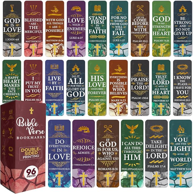 96 Bible Bookmarks with Bible Verses – Multiple Designs – Inspirational Christian Bookmarks for Women & Men – Bible Book Markers for Classroom, Bible Study, Church Supplies