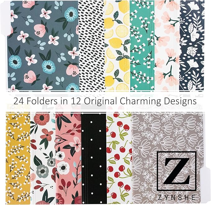 Cute File Folders, Set of 24 3-Tab Letter Size Decorative File Folders Boho Colored Manilla 8.5 x 11 Filing – Pretty Designer Home Office School Supplies (Mesmeric)