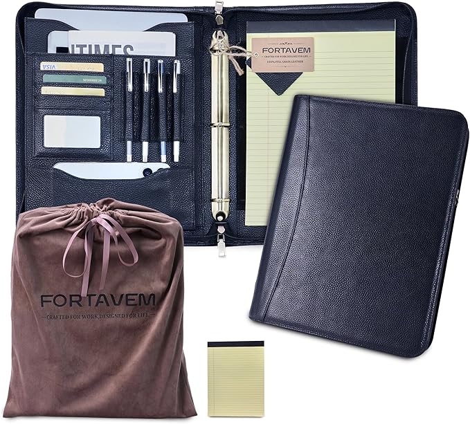 Genuine Leather Zippered Padfolio with 3 Ring Binder, A4/Letter Portfolio Organizer for Work, Fits 13.9" Laptop, Business Folder with Notepad Holder, Meetings & Interviews (Black)