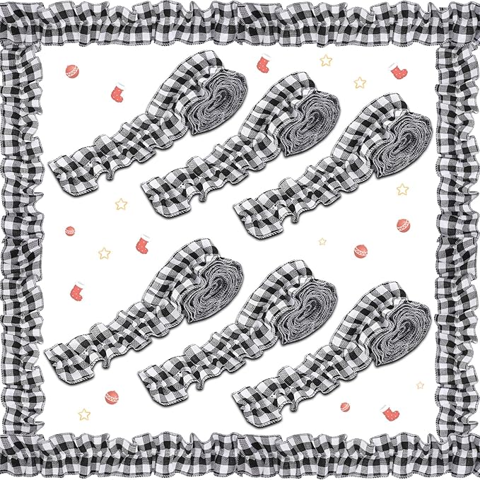 6 Rolls Ruffled Bulletin Board Borders for Classroom Decor Farmhouse Classroom Decor Burlap Bulletin Borders DIY Border Trims Crafts Classroom Home Decor (White Black Buffalo Plaid,2.5 x 94.5 Inch)