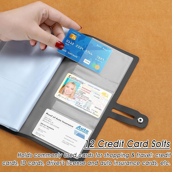 Leather Receipt Organizer, Portable Receipt Holder for Travel, Daily Coupon Organizer with 20 Pockets and 12 Card Slots to Keep Receipts and Coupons Organized, Prevent Loss and Damage (Black)