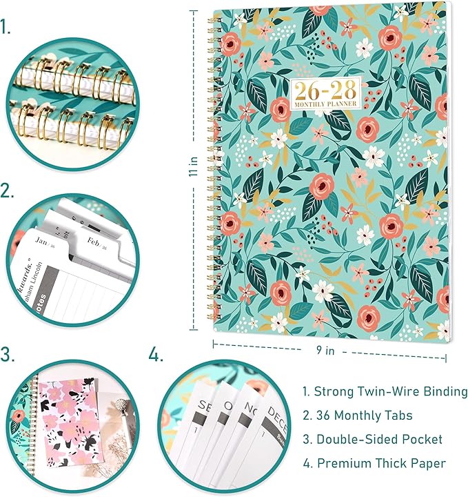 2026-2028 Monthly Planner/Calendar - JAN. 2026 - DEC. 2028, 9" × 11", 3 Year Monthly Planner 2026-2028, Large 36-Month Calendar with Tab, Back Pocket, Twin-Wire Binding, Premium Paper, Note Page
