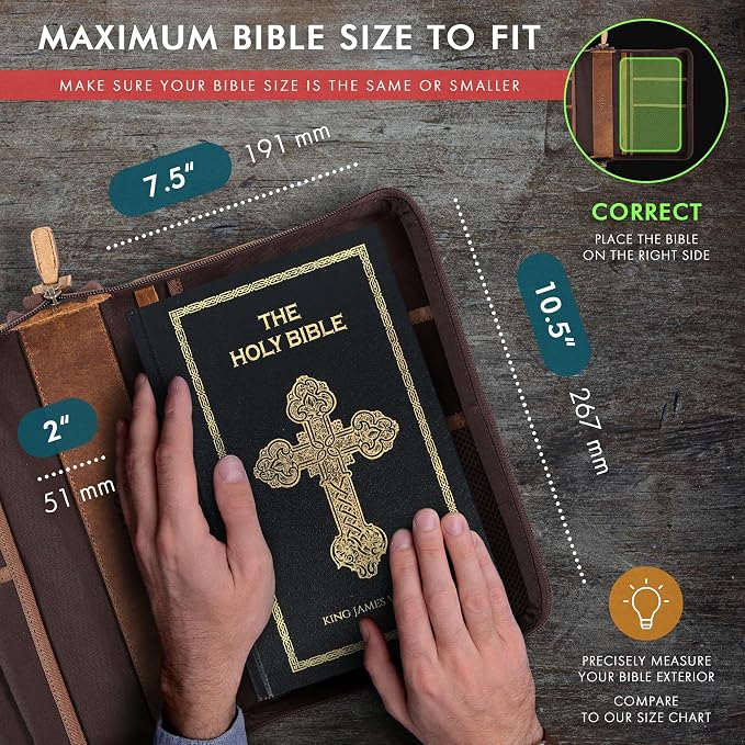 ELIZO Leather Bible Cover Bible Case for Men Women Genuine Leather Bible Bag Holder Cross Large Carrying with Zipper Case Protector Christian Religious Gifts for Mens Pioneer Saddle Green Study/Large
