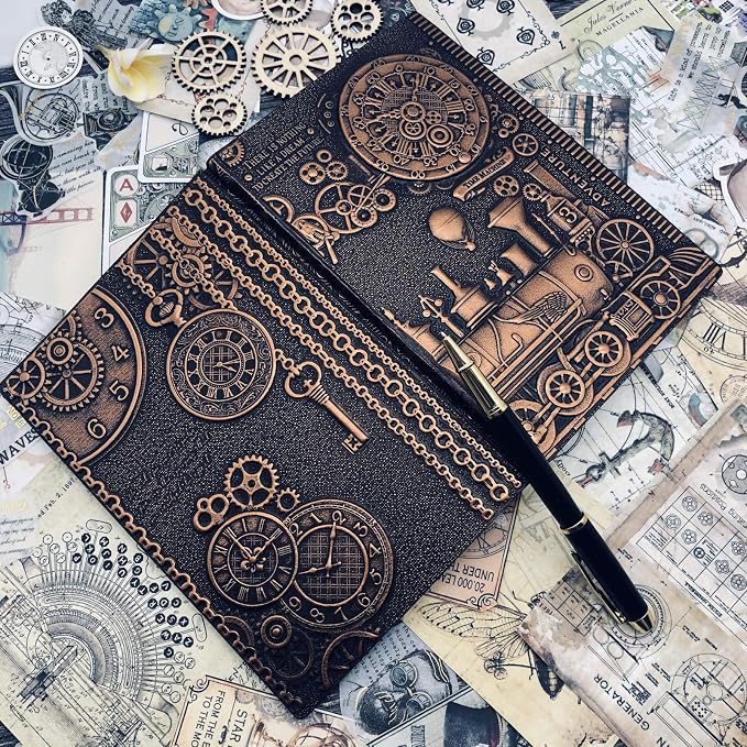 Vintage Train Embossed Leather Writing Journal Notebook with Pen Set,Antique Handmade Daily Notepad Sketchbook,Travel Diary Notebooks to Write in,Gift for Men Women (A5(8.4"*5.7"), RedBronze)