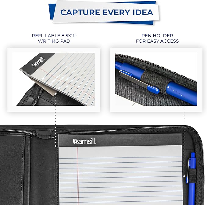 Samsill Professional Padfolio with Secure Zippered Closure, 10.1 Inch Tablet Sleeve, and 8.5 by 11 Inch Notepad, Black, Full Size (70820)