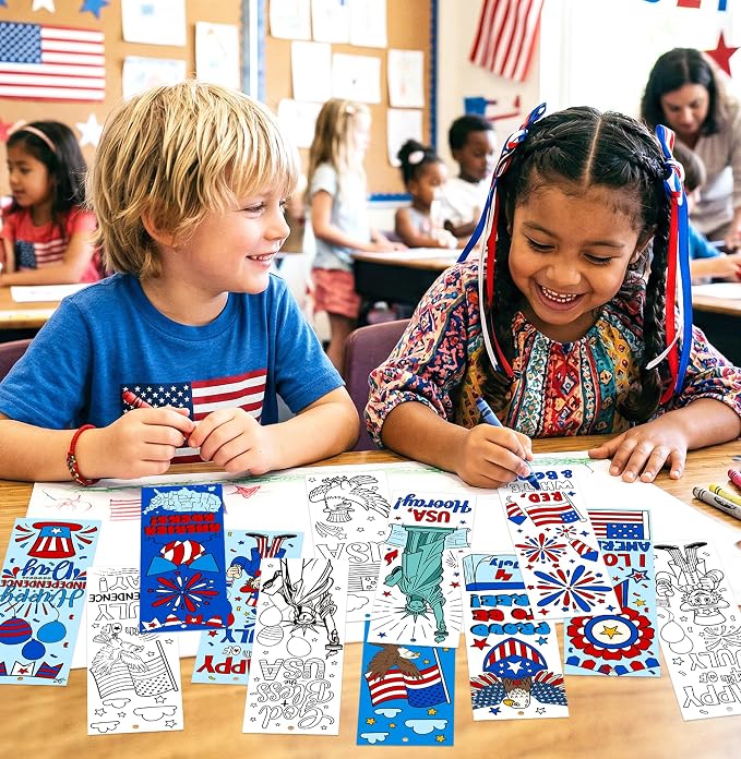 100Pcs Patriotic Color Your Own Bookmarks, 4th of July DIY Coloring Blank Bookmarks with Ribbons Independence Day Art Crafts Supplies Classroom Rewards Gifts USA American Holiday Party Favors for Kids