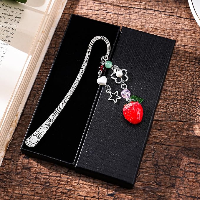 Unique Strawberry Bookmark Gift - Charm Pink Aesthetic Page Mark Cute Silver Chain Pendant Tassel Metal Bookmarks Reading Women Girl Friends Book Club Reader Birthday Valentines Retirement