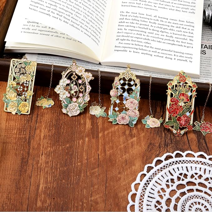 Metal Bookmarks 4 PCS, Pretty Bookmarks for Women, Beautiful Metal Bookmark, Bookmarks for Red, White, Pink and Yellow Roses (BKM-043-003-F4)