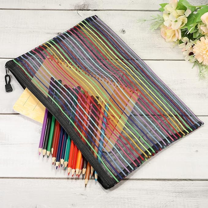 MECCANIXITY Mesh Zipper Pouches, A4 Colorful Pencil Case Document File Bags Storage Organizer for Office Supply Travel Accessory, Black Pack of 6