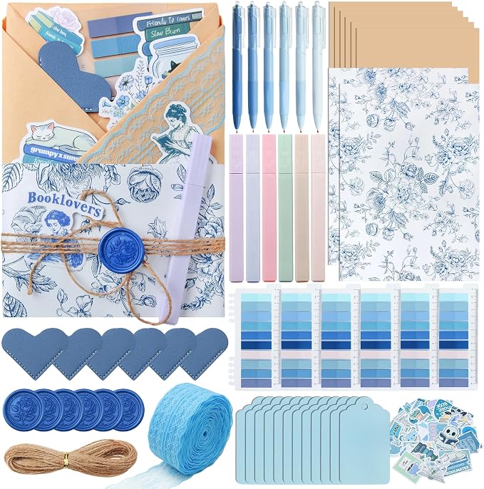 J6&H6 6 Set Blue-Themed Blind Date with a Book Gift excluding Books,Gift Set Including Lace Ribbons Patterned Paper Leather Bookmarks Stickers Purple Labels Kraft Paper for Literary Gifts (Blue)
